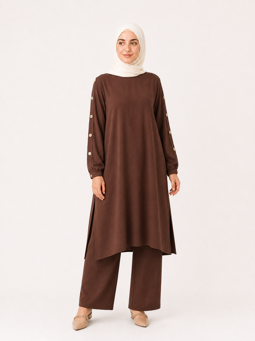 ZOALIN - Elegant Button-Sleeve Tunic & Pants Set - Coffee - front