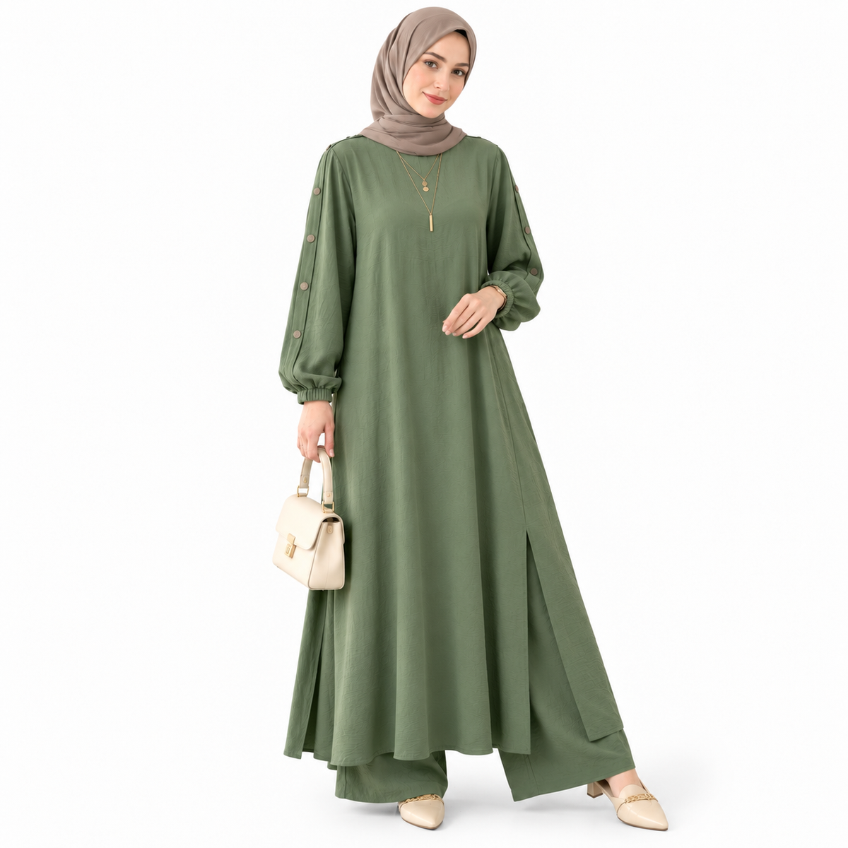 ZOALIN - Elegant Button-Sleeve Tunic & Pants Set - Sage - front