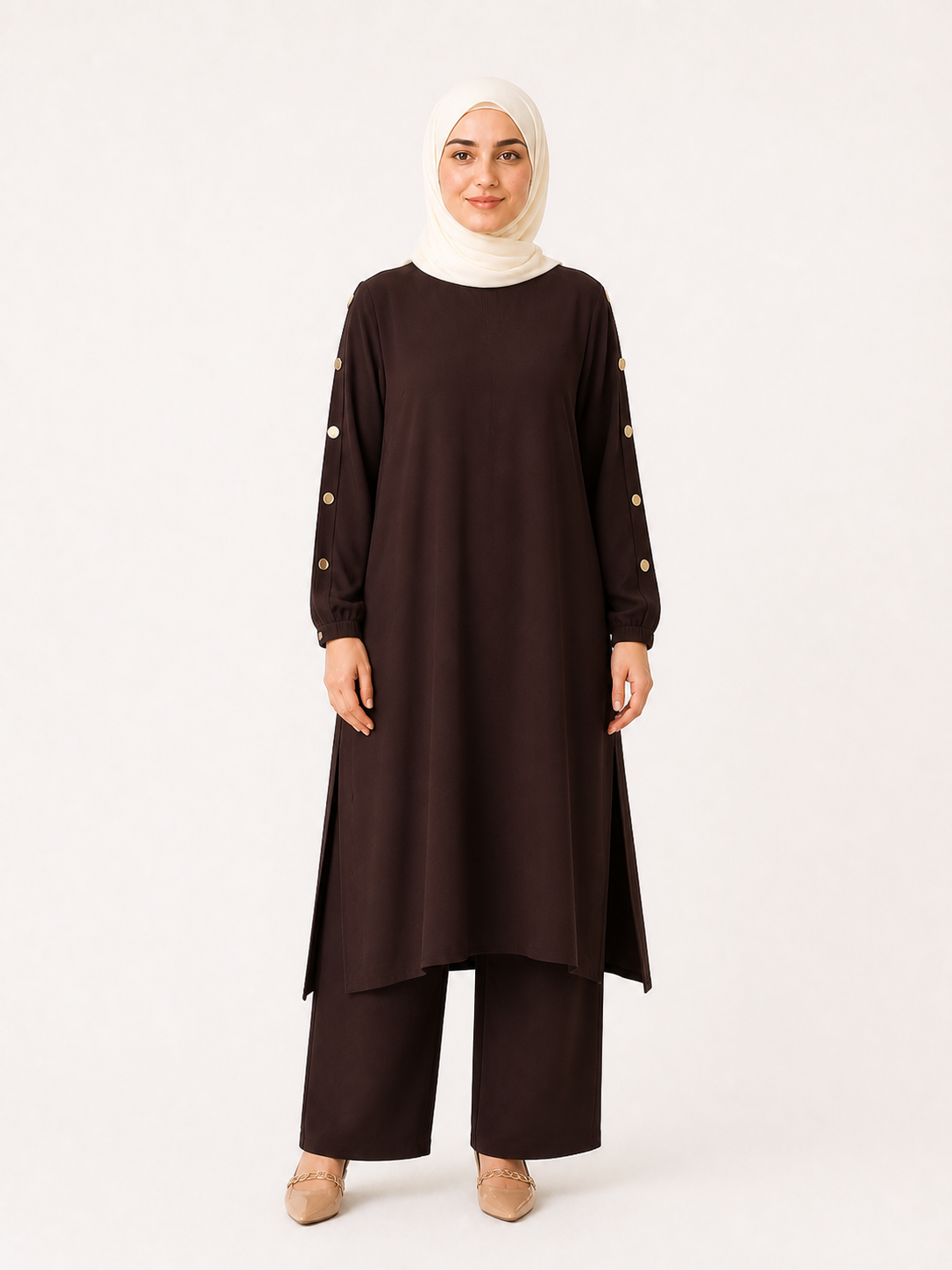 ZOALIN - Elegant Button-Sleeve Tunic & Pants Set - Chocolate - front