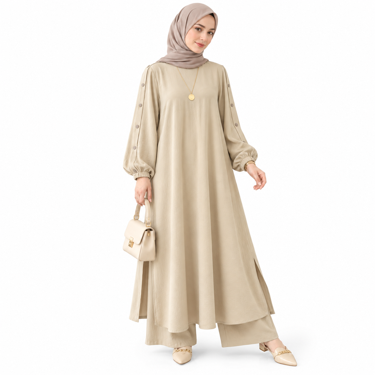 ZOALIN - Elegant Button-Sleeve Tunic & Pants Set - Ivory - front