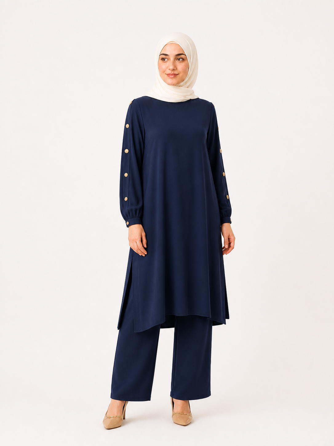 ZOALIN - Elegant Button-Sleeve Tunic & Pants Set - Navy - front