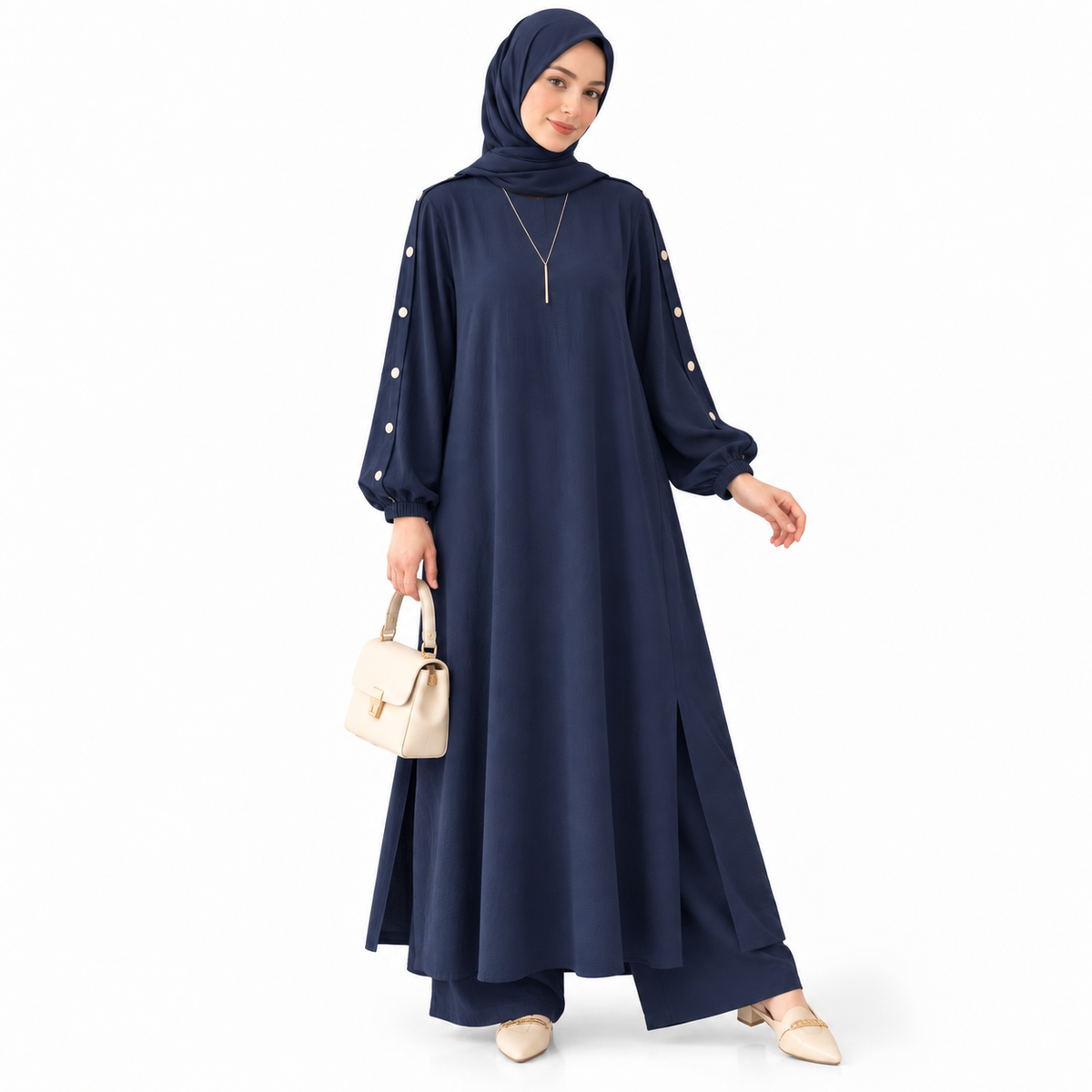 ZOALIN - Elegant Button-Sleeve Tunic & Pants Set - Navy - front