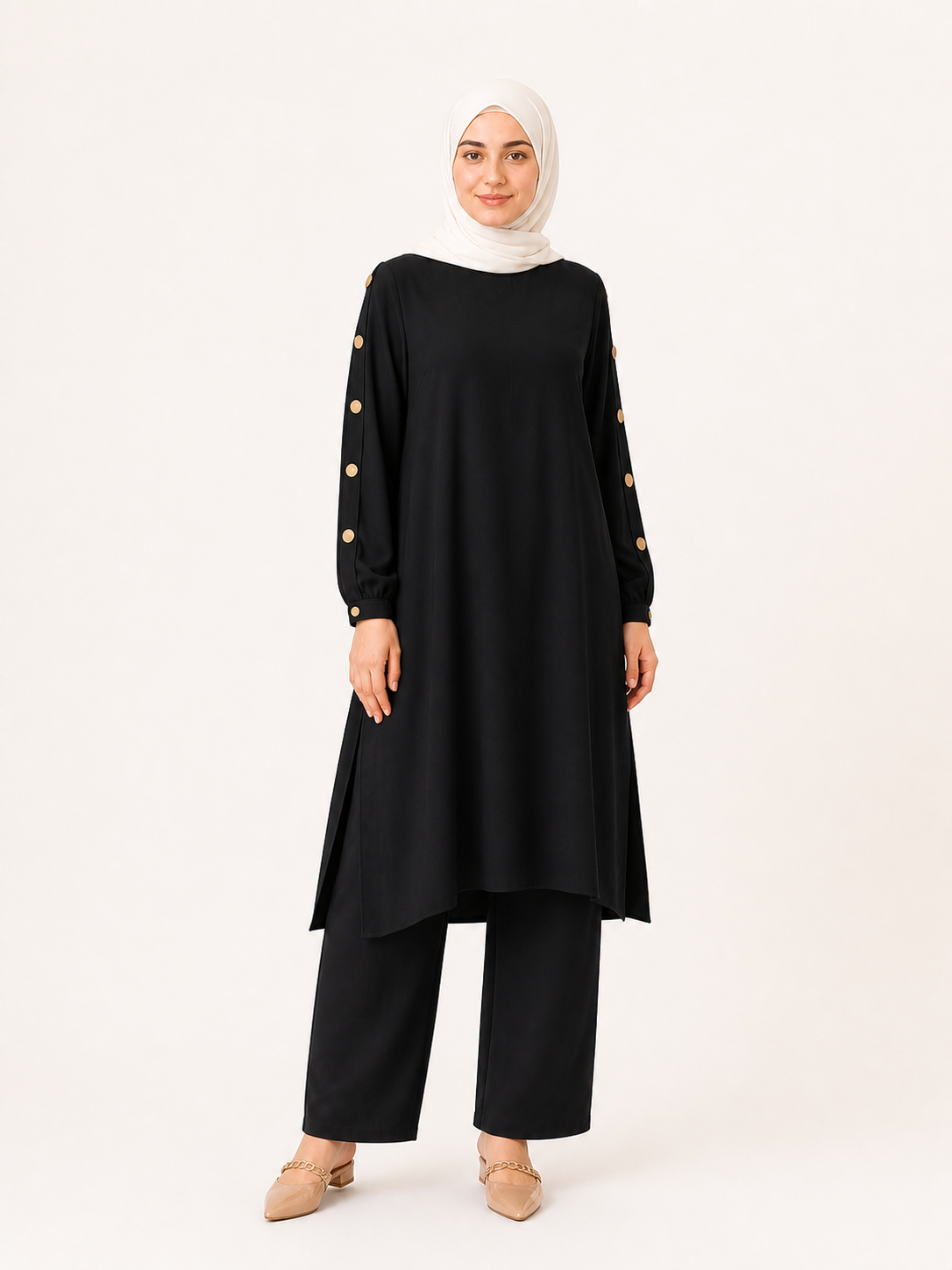 ZOALIN - Elegant Button-Sleeve Tunic & Pants Set - Black - front
