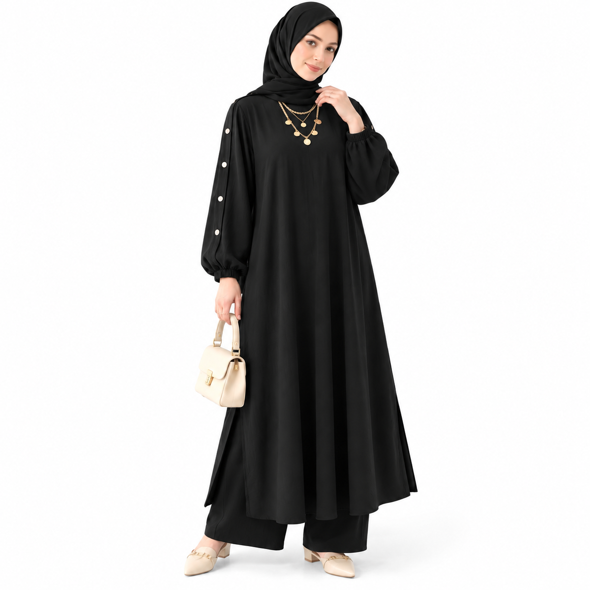 ZOALIN - Elegant Button-Sleeve Tunic & Pants Set - Black - front