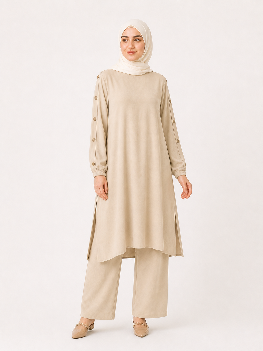 ZOALIN - Elegant Button-Sleeve Tunic & Pants Set - Ivory - front