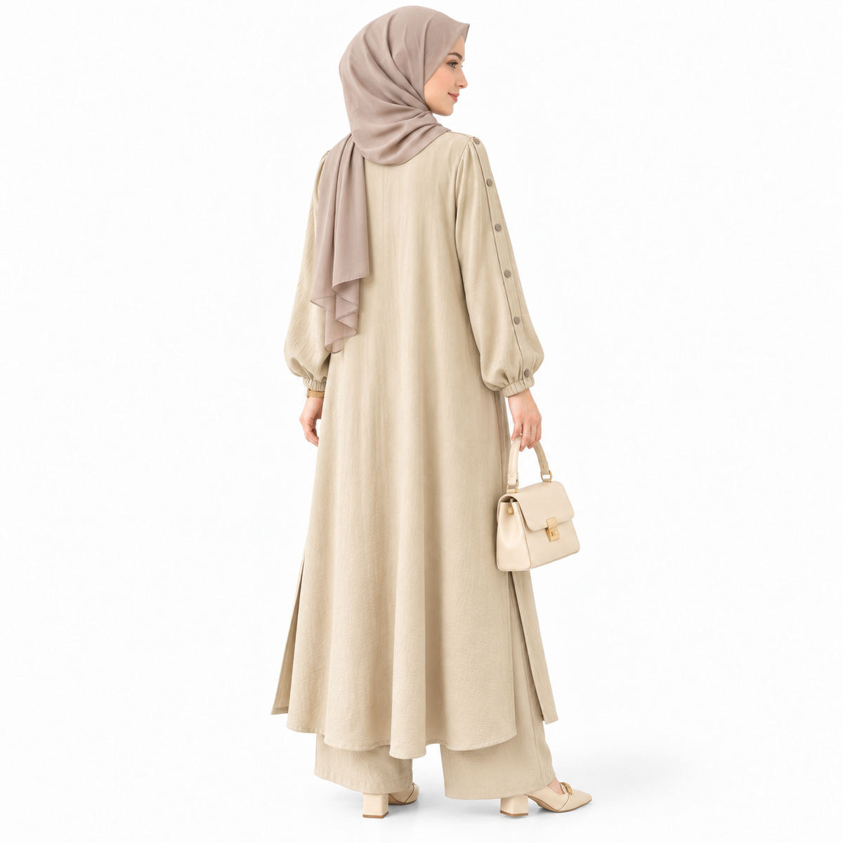 ZOALIN - Elegant Button-Sleeve Tunic & Pants Set - Ivory - back
