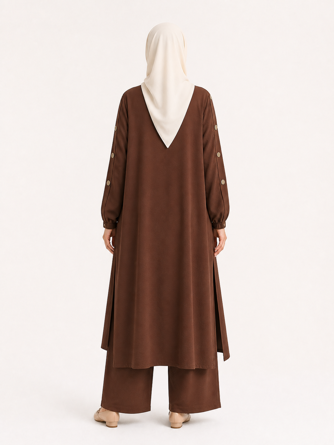 ZOALIN - Elegant Button-Sleeve Tunic & Pants Set - Coffee - back