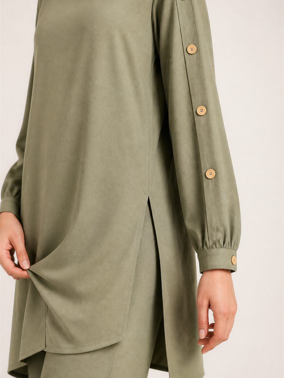 ZOALIN - Elegant Button-Sleeve Tunic & Pants Set - Sage - detail