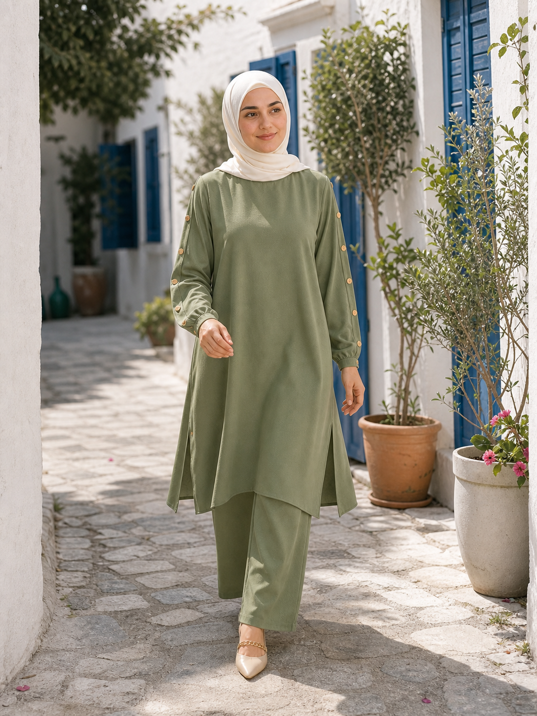 ZOALIN - Elegant Button-Sleeve Tunic & Pants Set - Sage - lifestyle