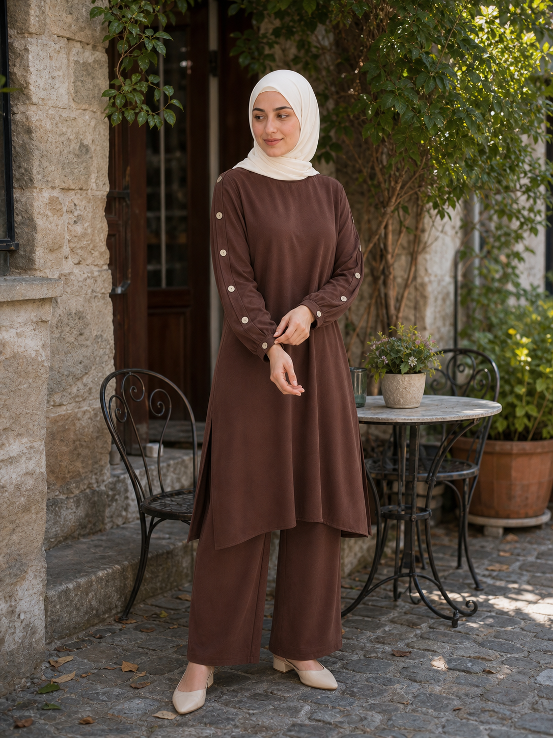 Elegant Button-Sleeve Tunic & Pants Set real-life styling
