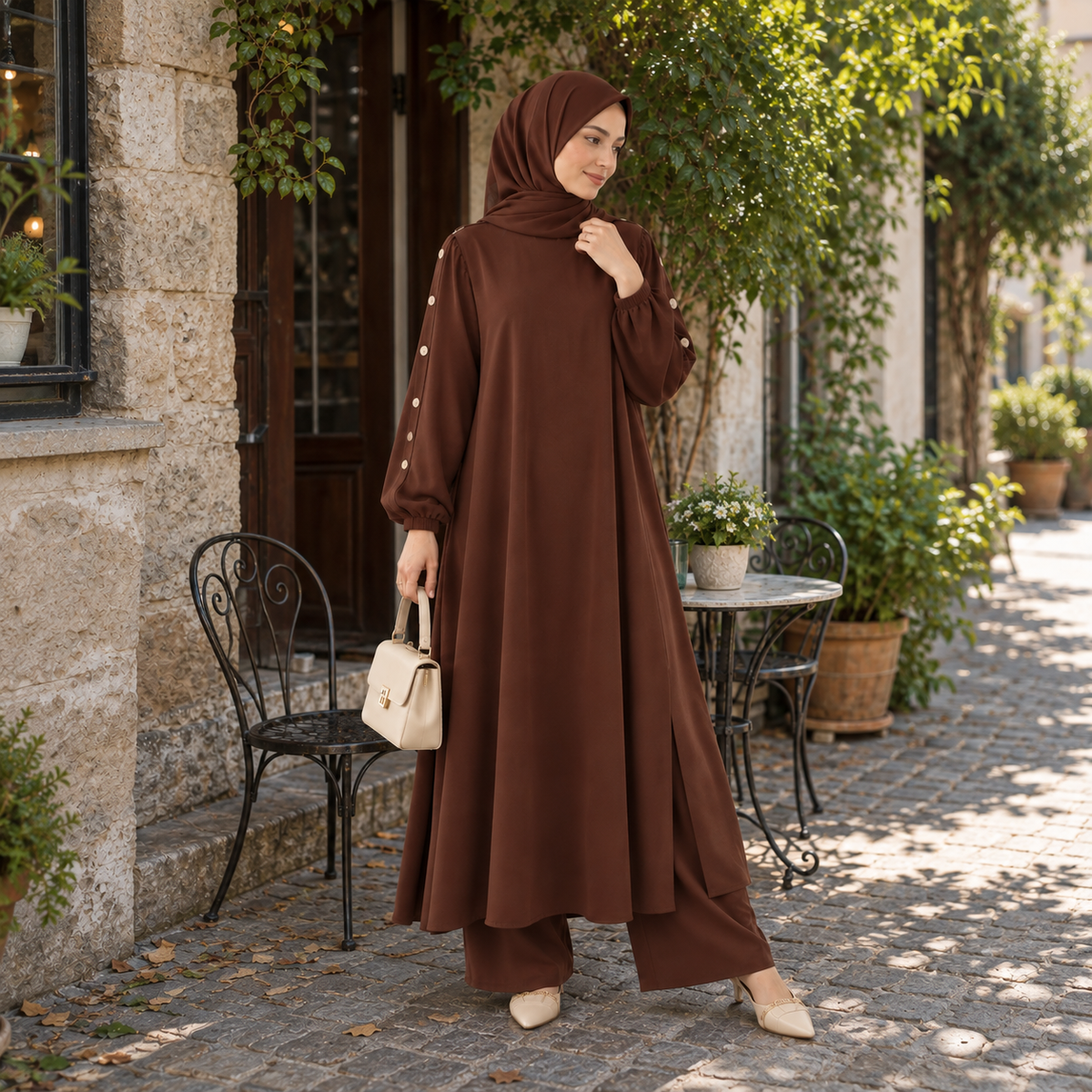 ZOALIN - Elegant Button-Sleeve Tunic & Pants Set - Coffee - lifestyle
