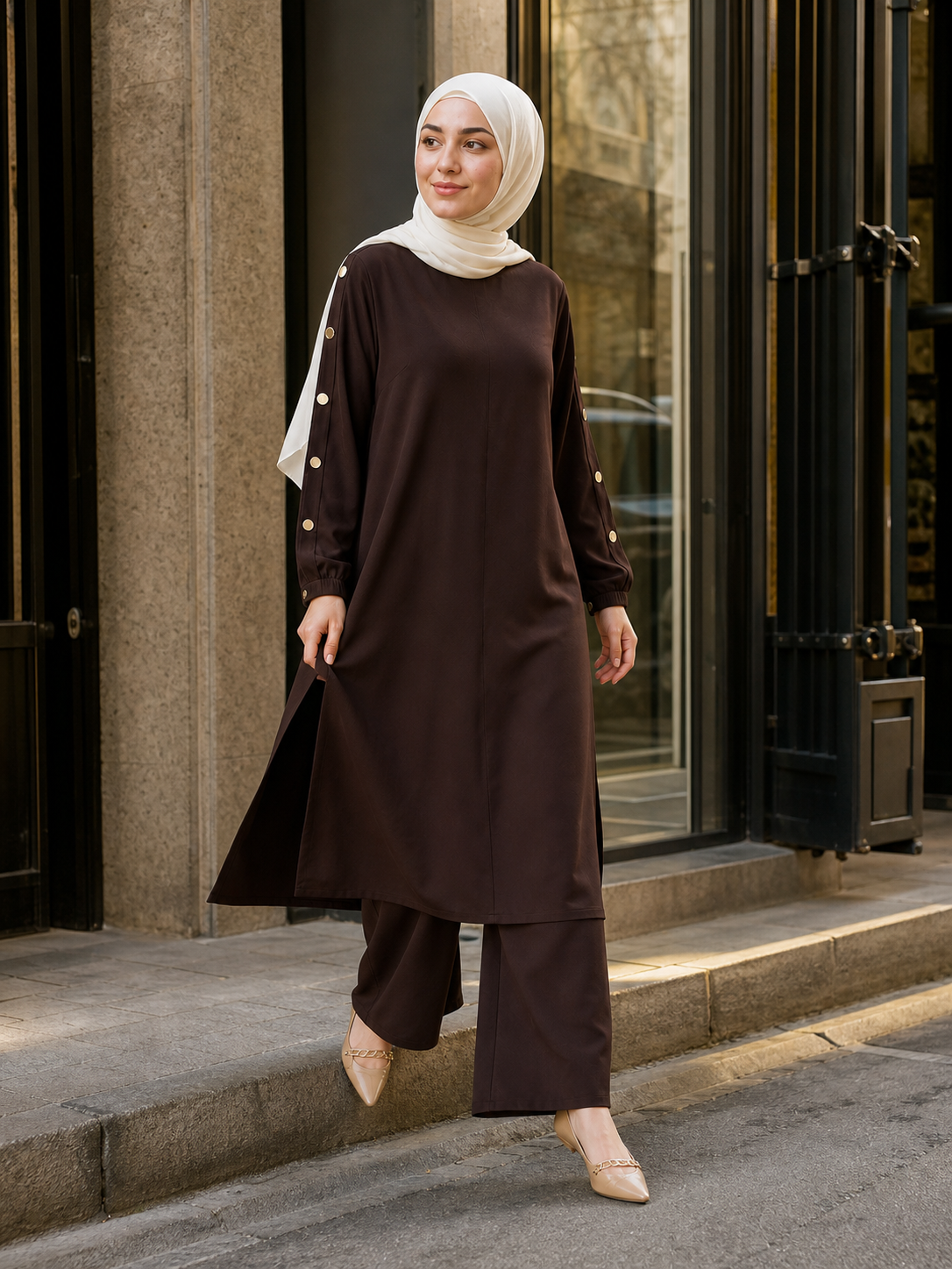 ZOALIN - Elegant Button-Sleeve Tunic & Pants Set - Chocolate - lifestyle