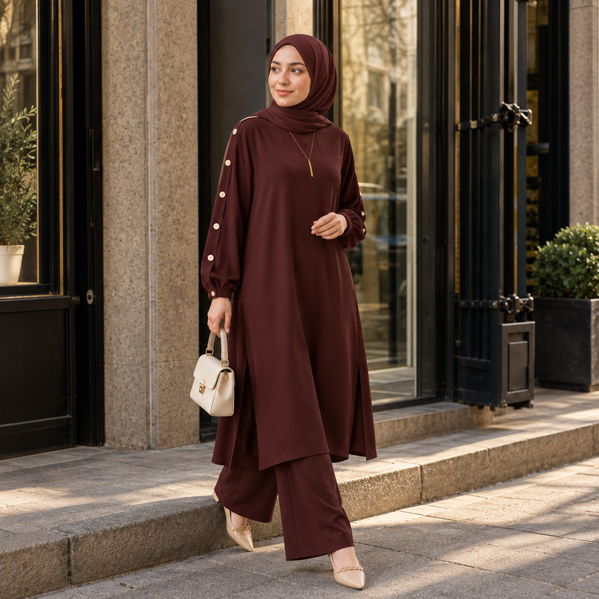 ZOALIN - Elegant Button-Sleeve Tunic & Pants Set - Chocolate - lifestyle