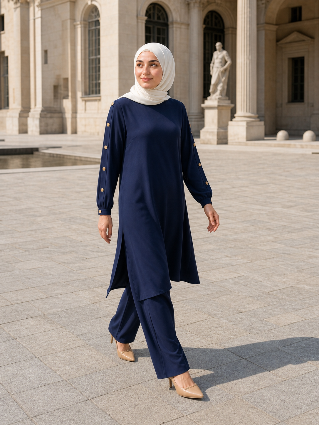 ZOALIN - Elegant Button-Sleeve Tunic & Pants Set - Navy - lifestyle