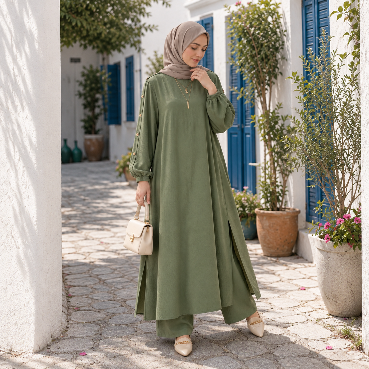 ZOALIN - Elegant Button-Sleeve Tunic & Pants Set - Sage - lifestyle