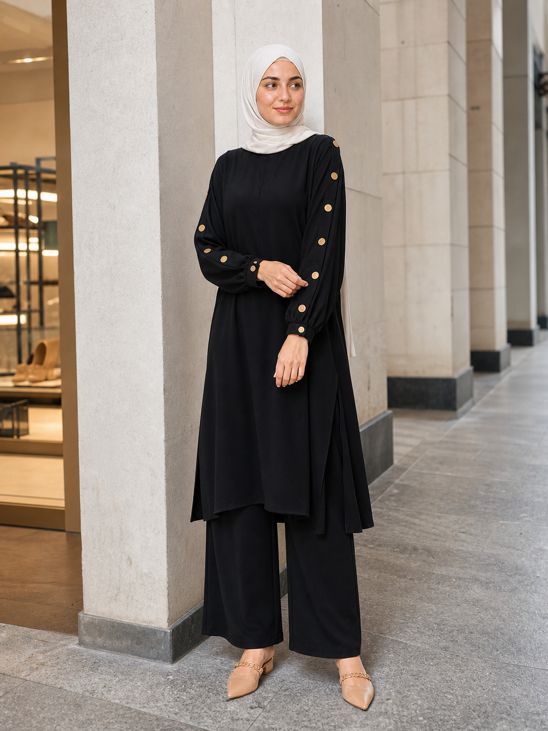 ZOALIN - Elegant Button-Sleeve Tunic & Pants Set - Black - lifestyle