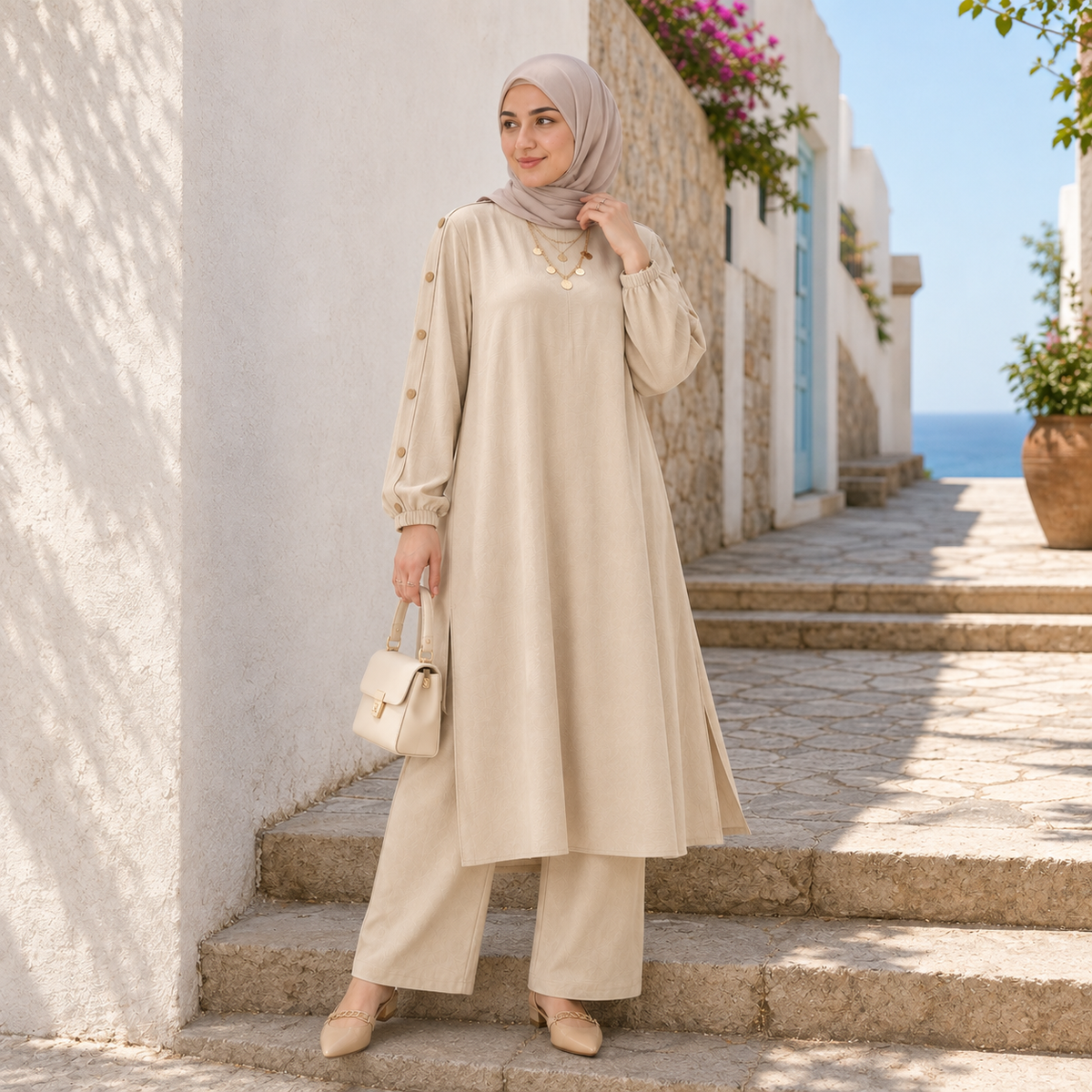 ZOALIN - Elegant Button-Sleeve Tunic & Pants Set - Ivory - lifestyle