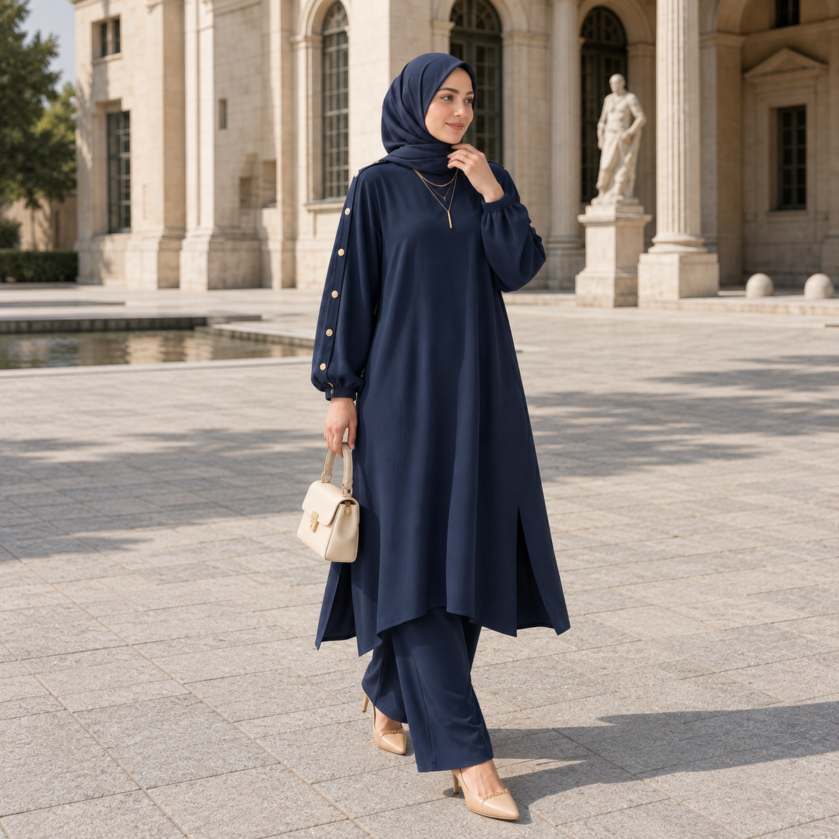 ZOALIN - Elegant Button-Sleeve Tunic & Pants Set - Navy - lifestyle