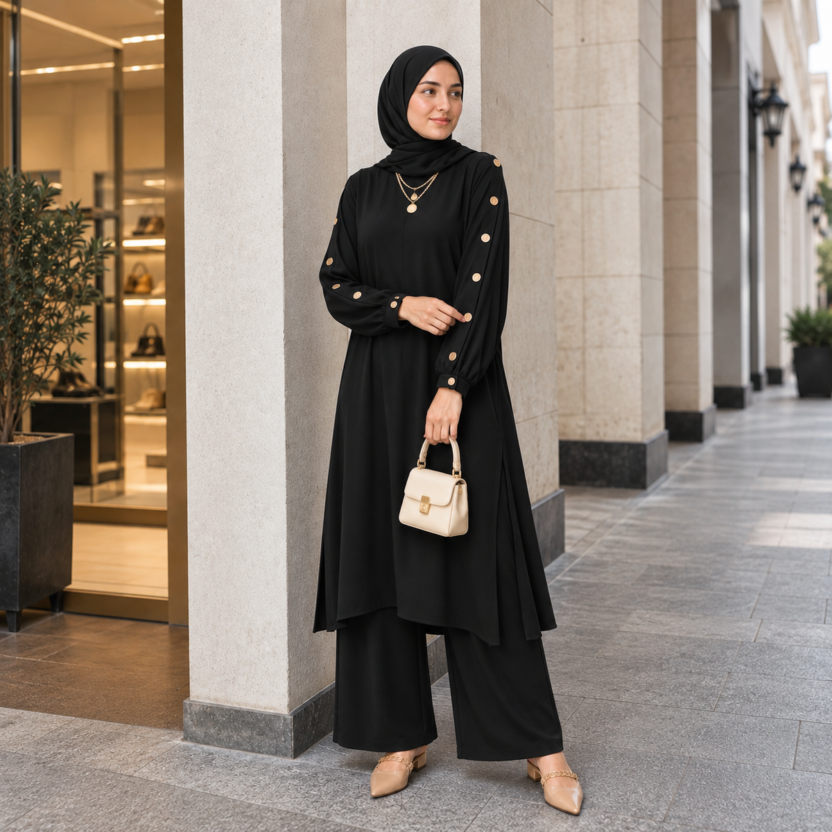 ZOALIN - Elegant Button-Sleeve Tunic & Pants Set - Black - lifestyle