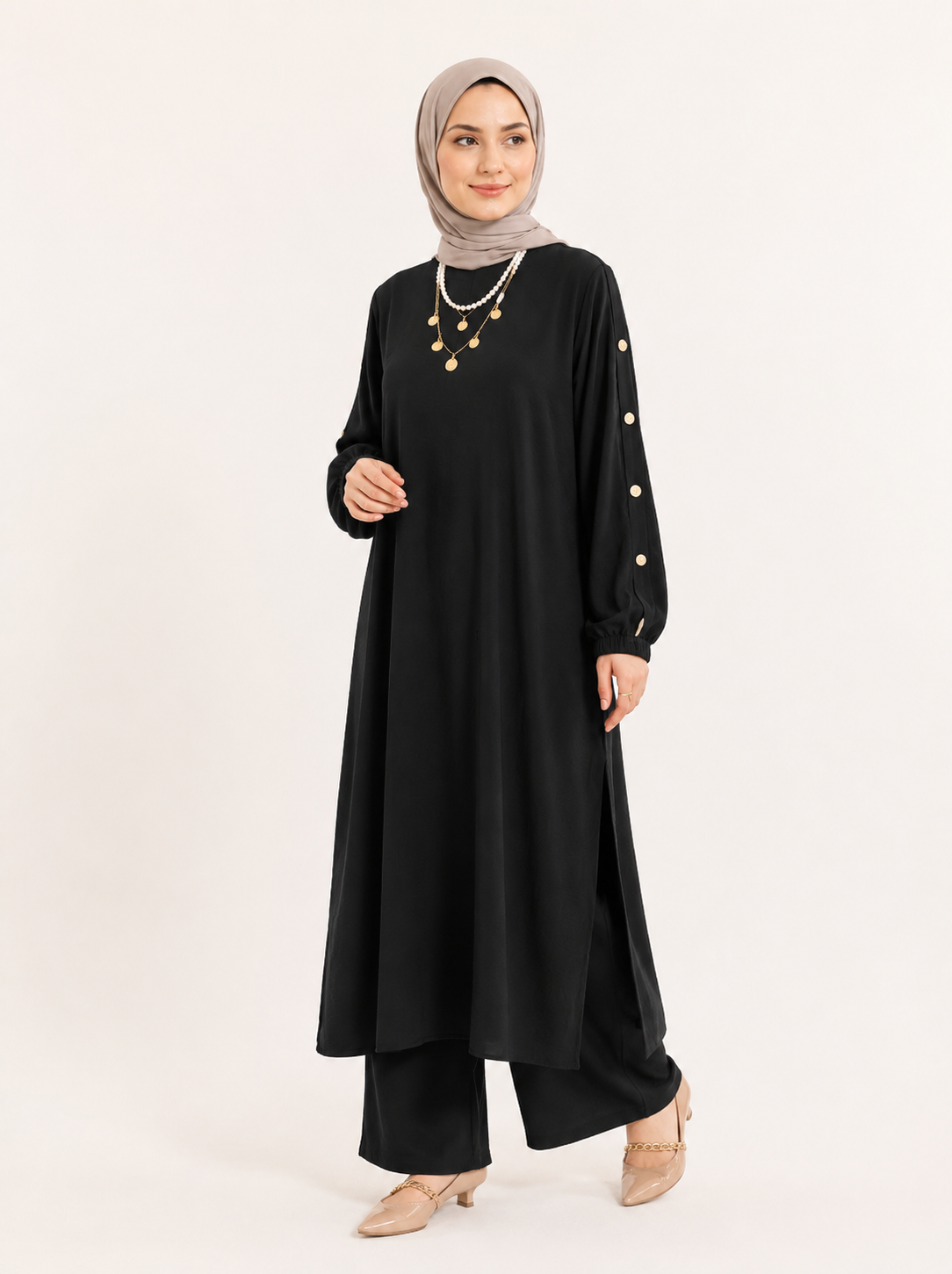 ZOALIN-PRODUCT8-IMAGE-REFRESH-20260713-02 | Elegant Button-Sleeve Tunic & Pants Set | Black front