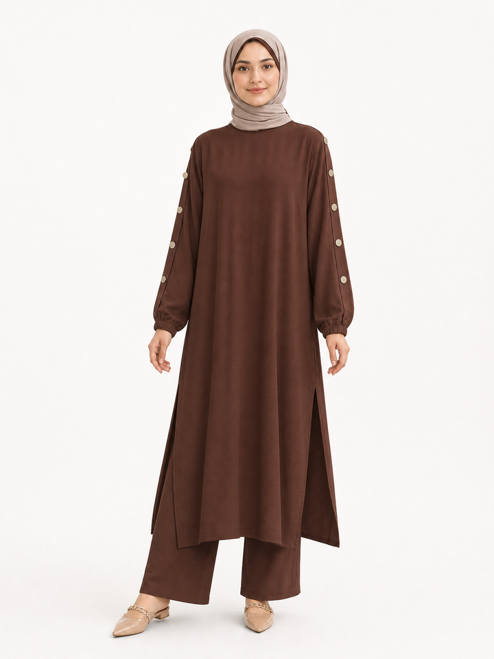 ZOALIN-PRODUCT8-IMAGE-REFRESH-20260713-03 | Elegant Button-Sleeve Tunic & Pants Set | Coffee front
