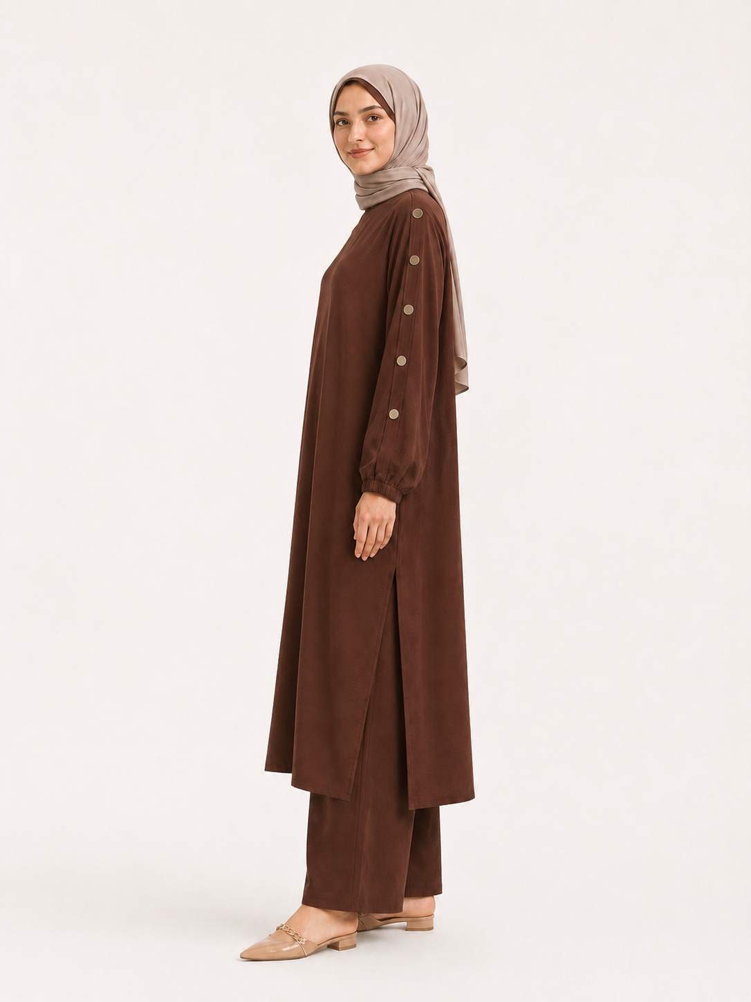 ZOALIN-PRODUCT8-IMAGE-REFRESH-20260713-07 | Elegant Button-Sleeve Tunic & Pants Set | Chocolate side view