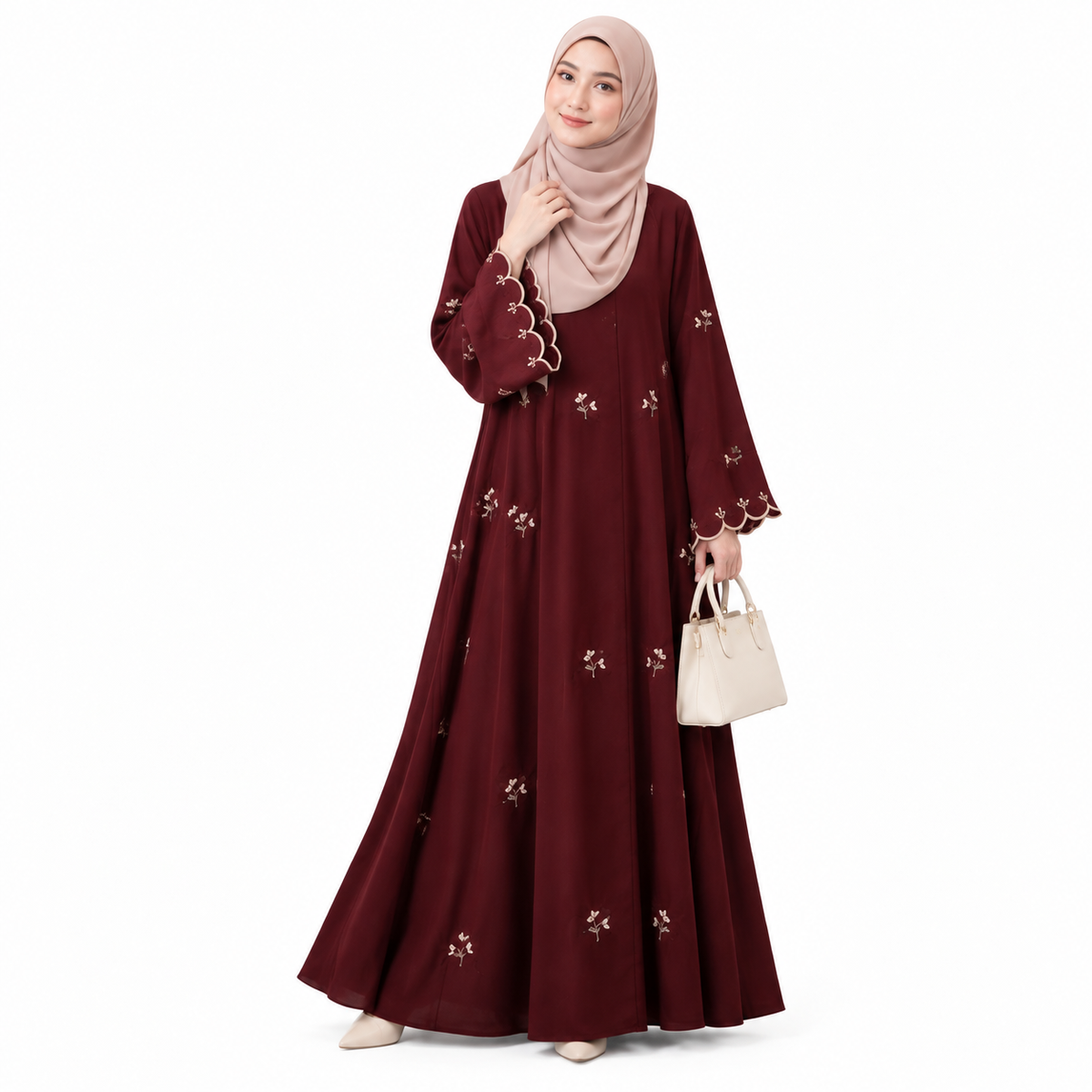 ZOALIN - Floral Embroidered Abaya - Burgundy - front