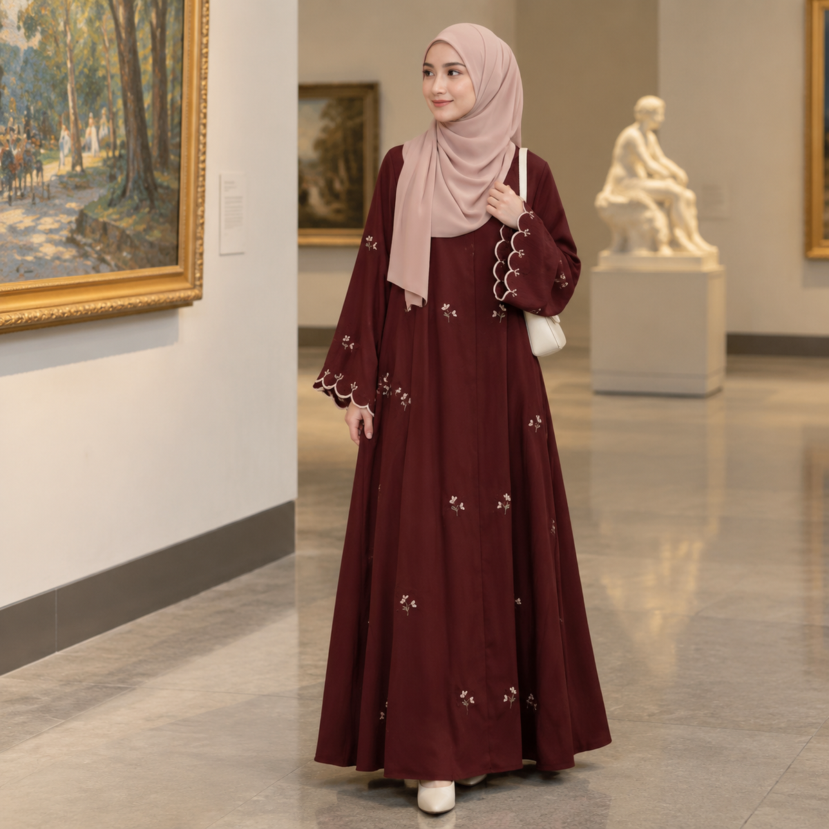 ZOALIN - Floral Embroidered Abaya - Burgundy - lifestyle