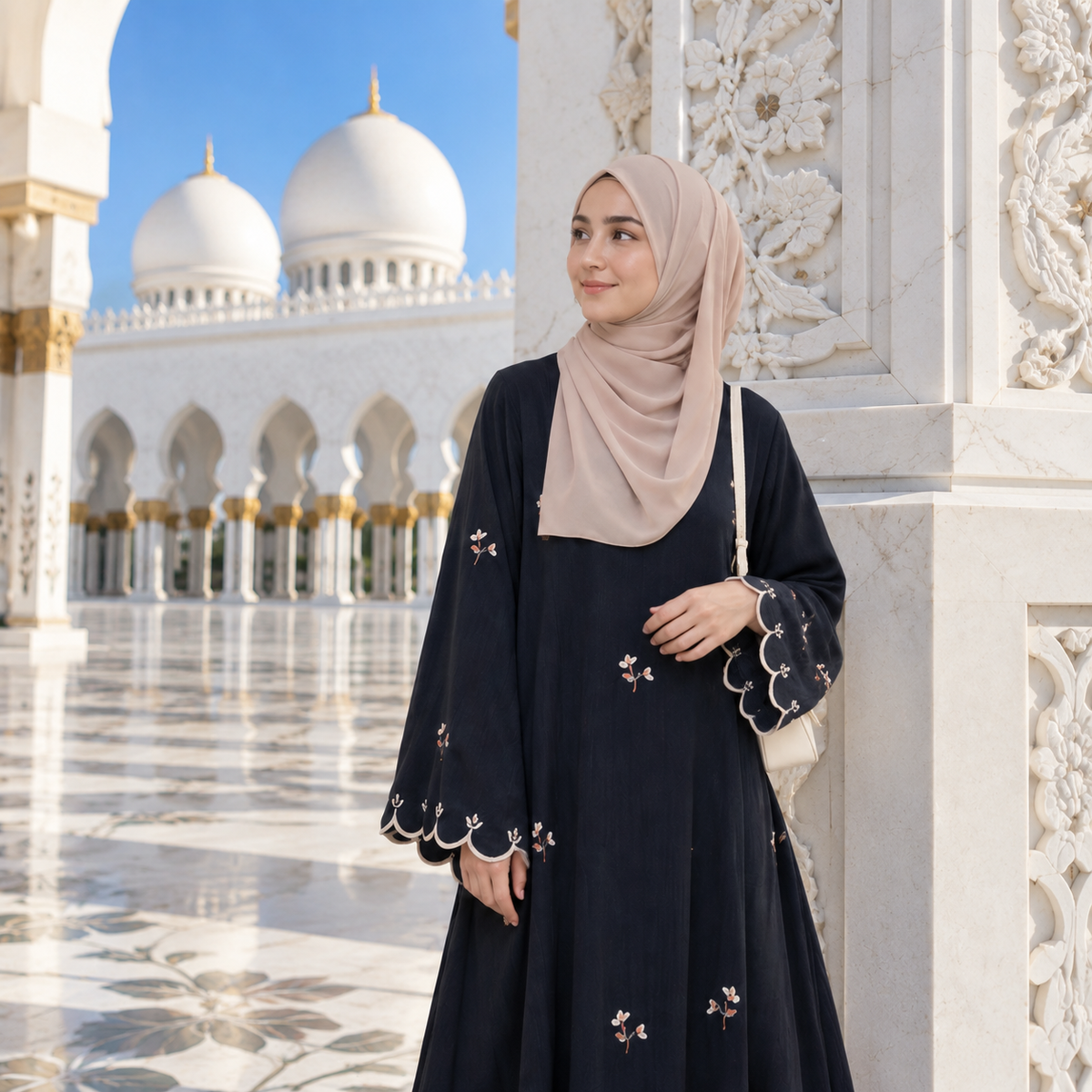 ZOALIN - Floral Embroidered Abaya - Navy - editorial scene