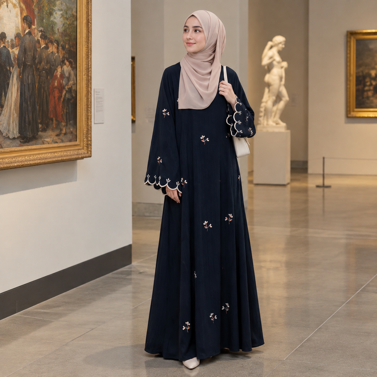 ZOALIN - Floral Embroidered Abaya - Navy - lifestyle