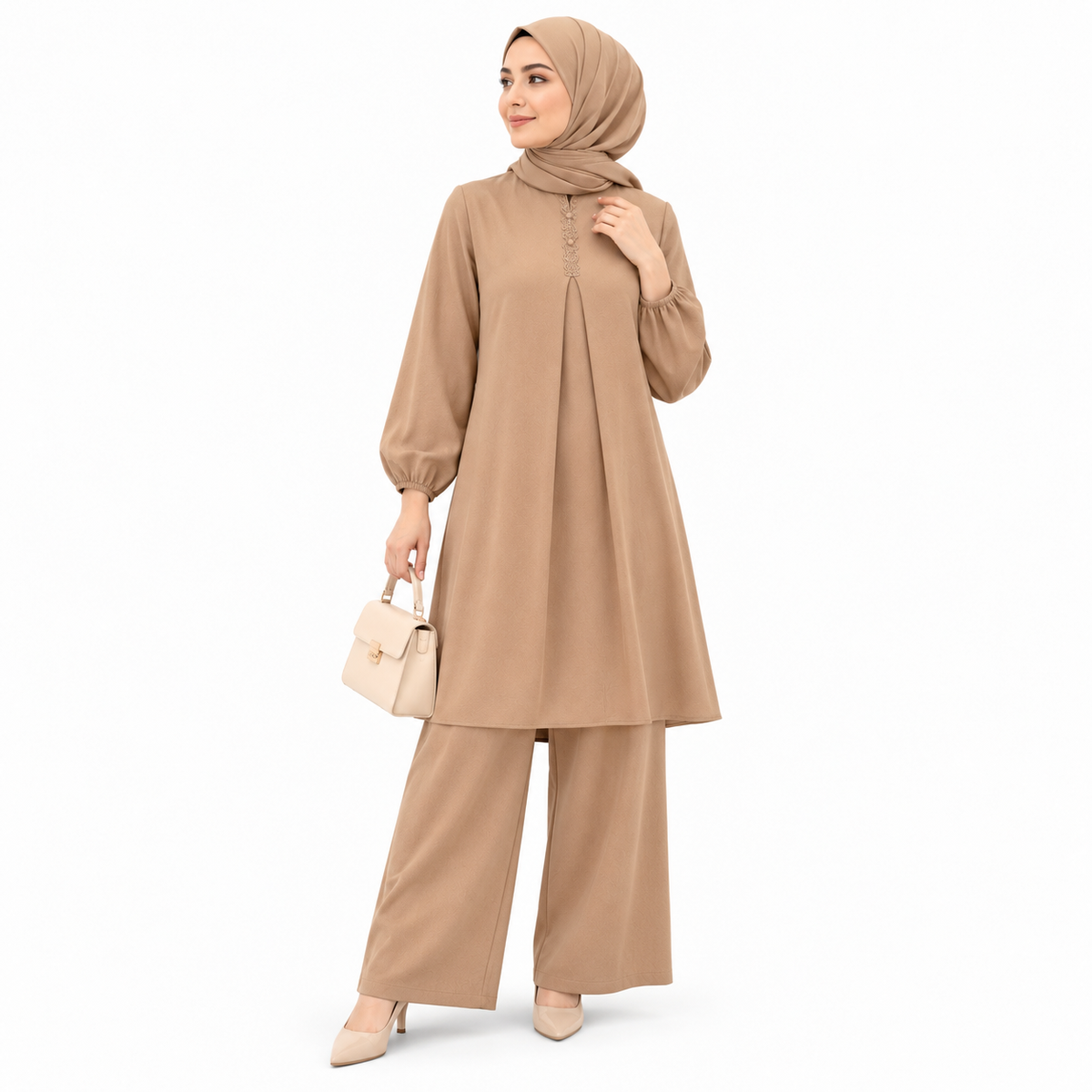 ZOALIN - Embroidered Placket Tunic & Pants Set - Khaki - front