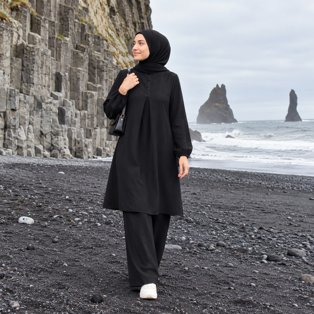 ZOALIN - Embroidered Placket Tunic & Pants Set - Black - lifestyle