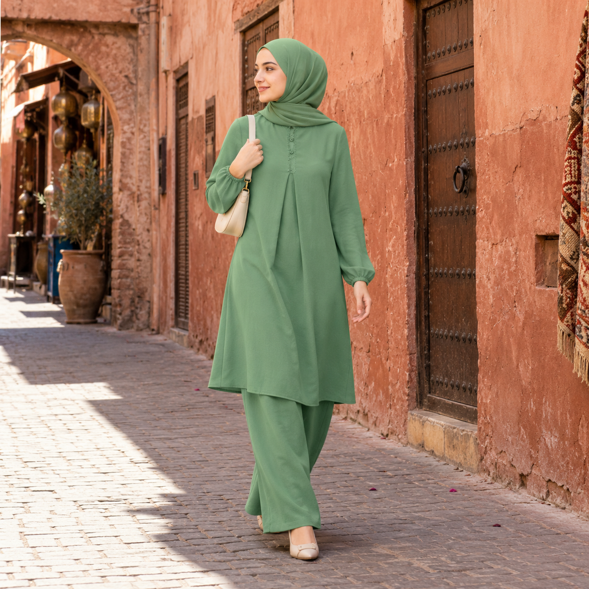 ZOALIN - Embroidered Placket Tunic & Pants Set - Green - lifestyle