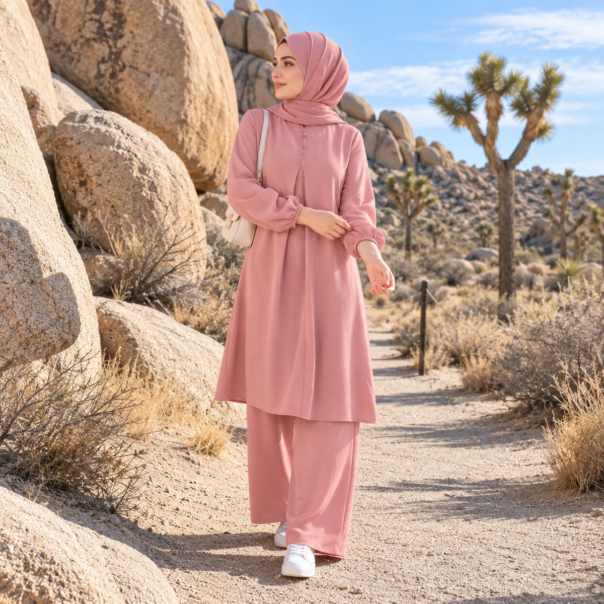 ZOALIN - Embroidered Placket Tunic & Pants Set - Pink - lifestyle