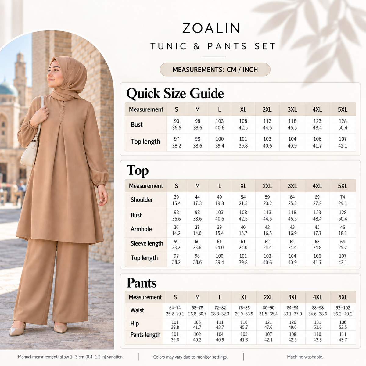 ZOALIN - Embroidered Placket Tunic & Pants Set - size chart - centimeters and inches