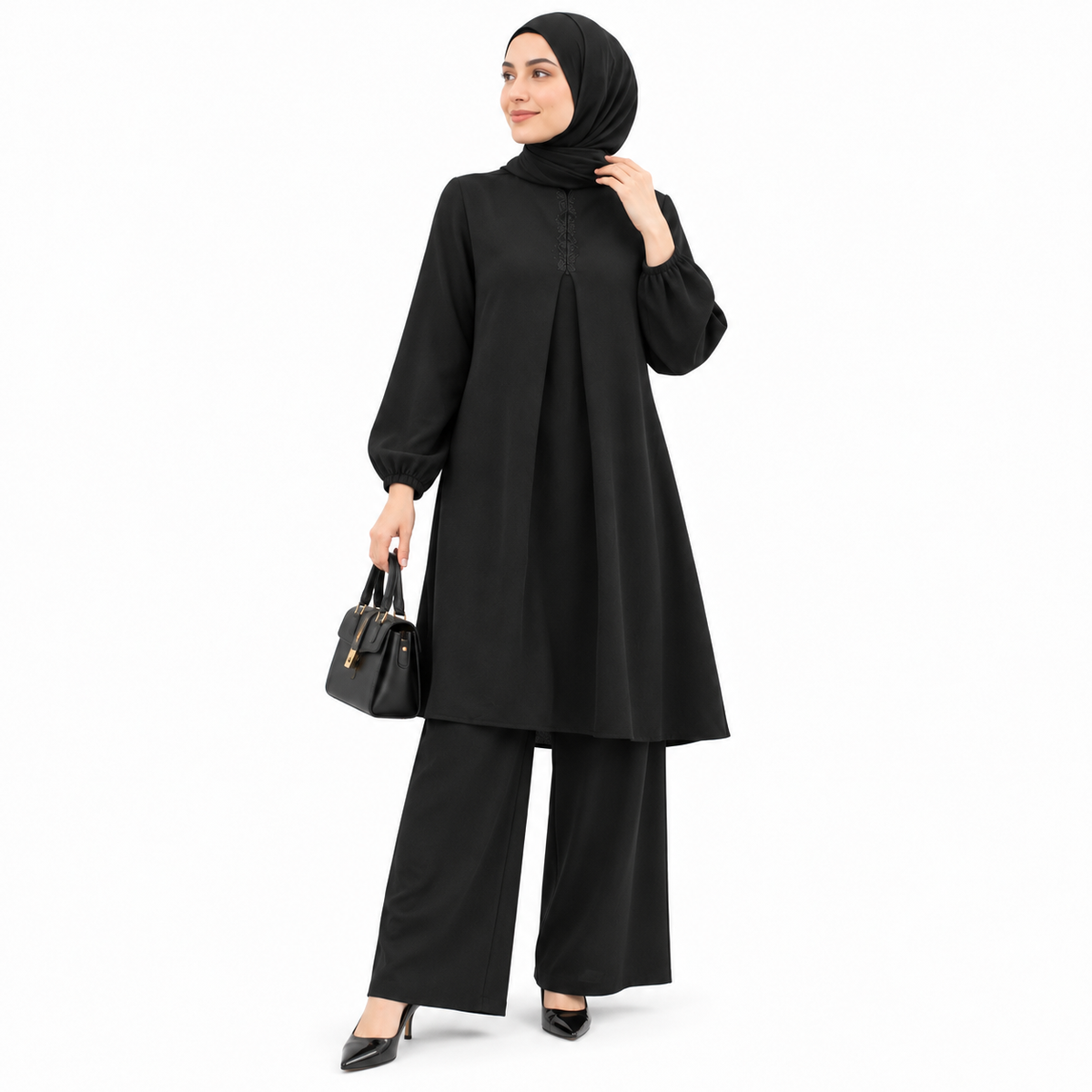 ZOALIN - Embroidered Placket Tunic & Pants Set - Black - front