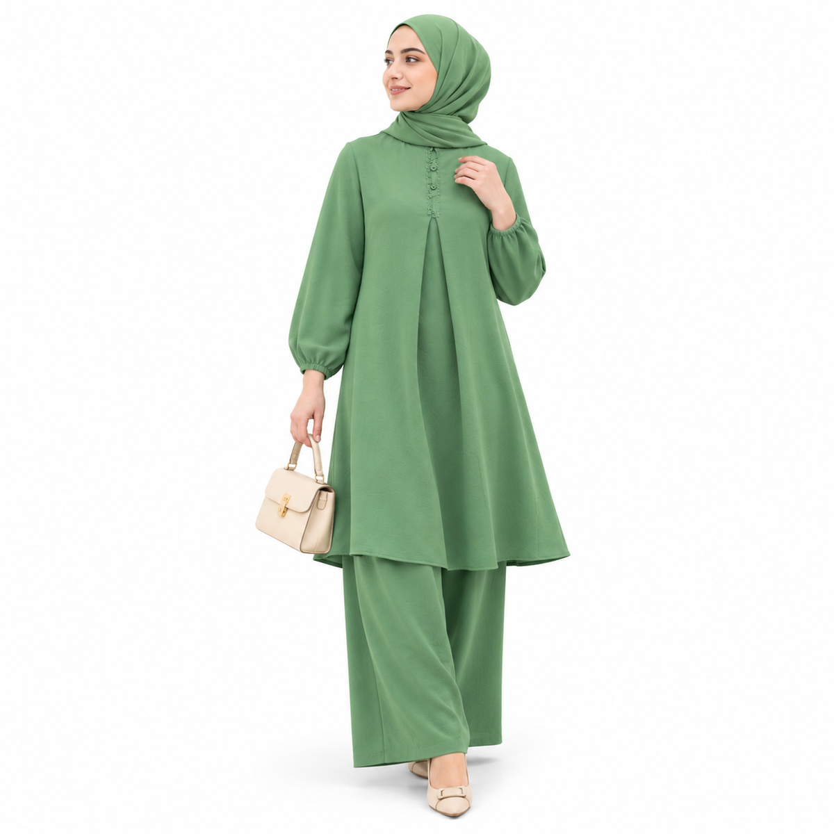ZOALIN - Embroidered Placket Tunic & Pants Set - Green - front