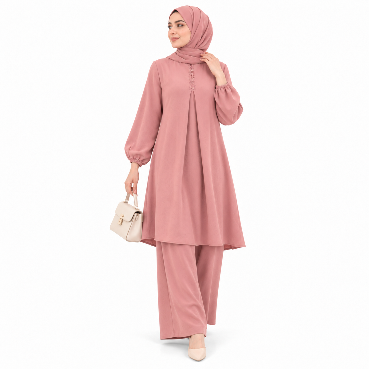 ZOALIN - Embroidered Placket Tunic & Pants Set - Pink - front