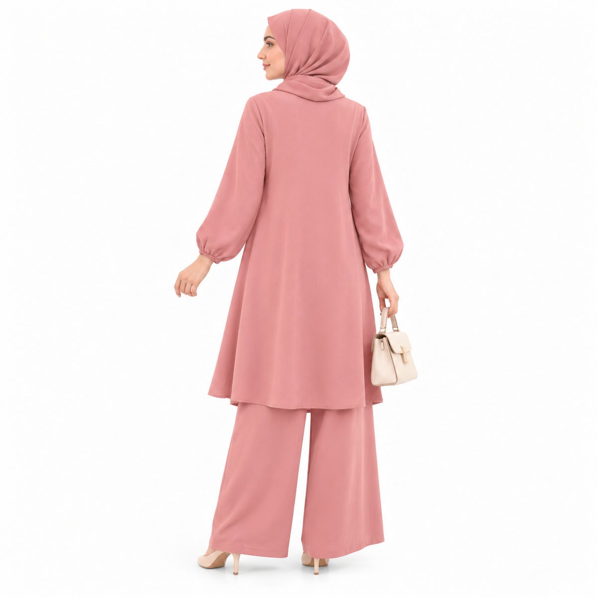 ZOALIN - Embroidered Placket Tunic & Pants Set - Pink - back