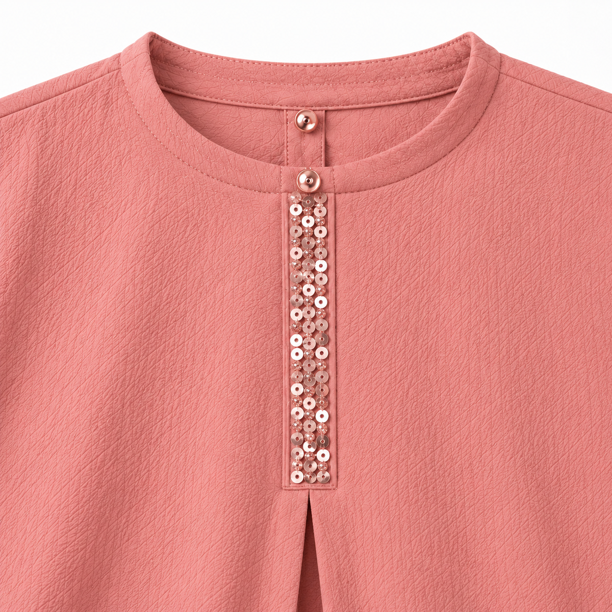 ZOALIN - Embroidered Placket Tunic & Pants Set - Pink - neckline detail