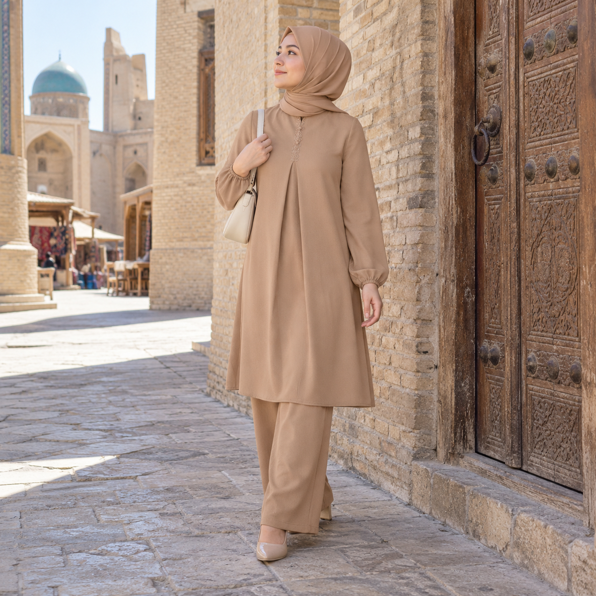 ZOALIN - Embroidered Placket Tunic & Pants Set - Khaki - lifestyle