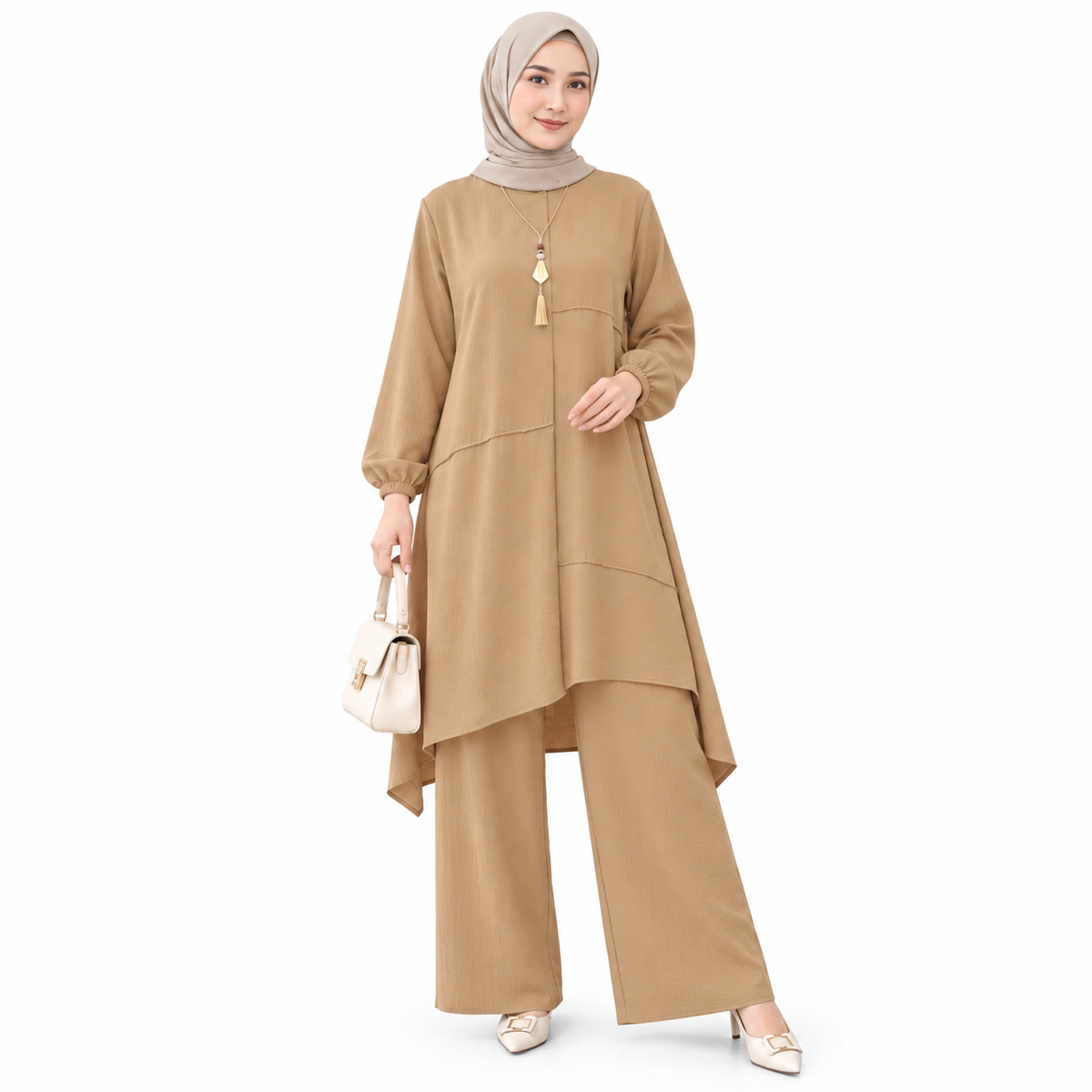 ZOALIN - Everyday Asymmetric Tunic & Pants Set - Khaki - front