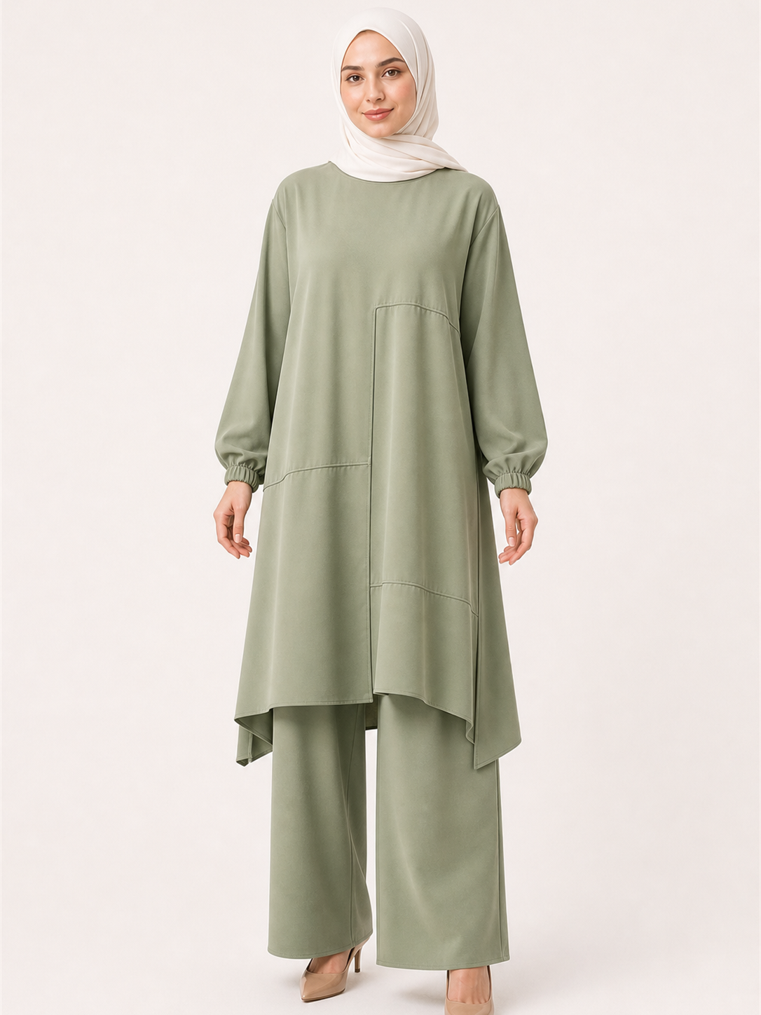 ZOALIN - Everyday Asymmetric Tunic & Pants Set - Sage Green - front