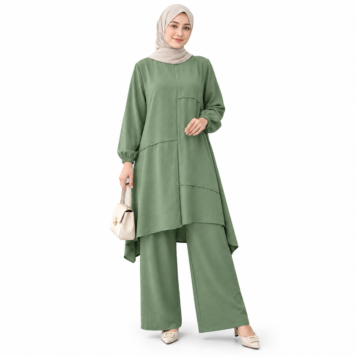 ZOALIN - Everyday Asymmetric Tunic & Pants Set - Sage Green - front