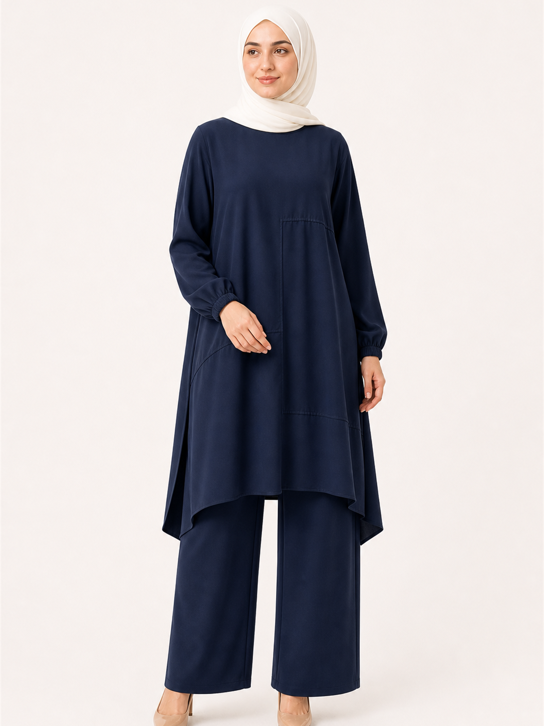 ZOALIN - Everyday Asymmetric Tunic & Pants Set - Navy Blue - front