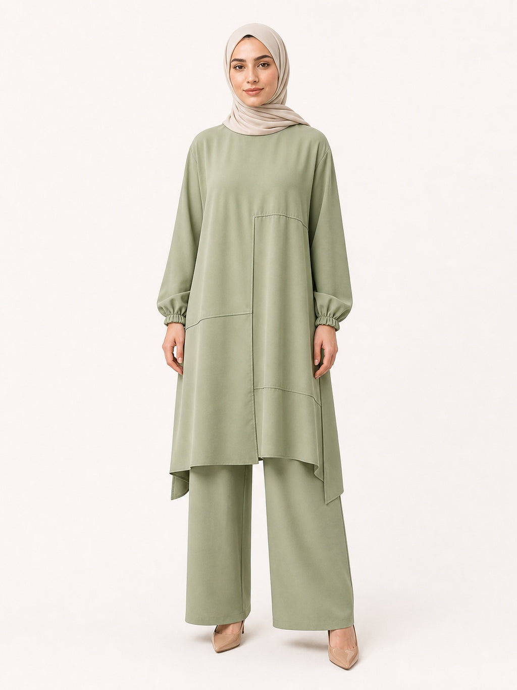 ZOALIN-SKU-COLOR-AUDIT-20260711-P01-02 | Everyday Asymmetric Tunic & Pants Set | Sage Green front view