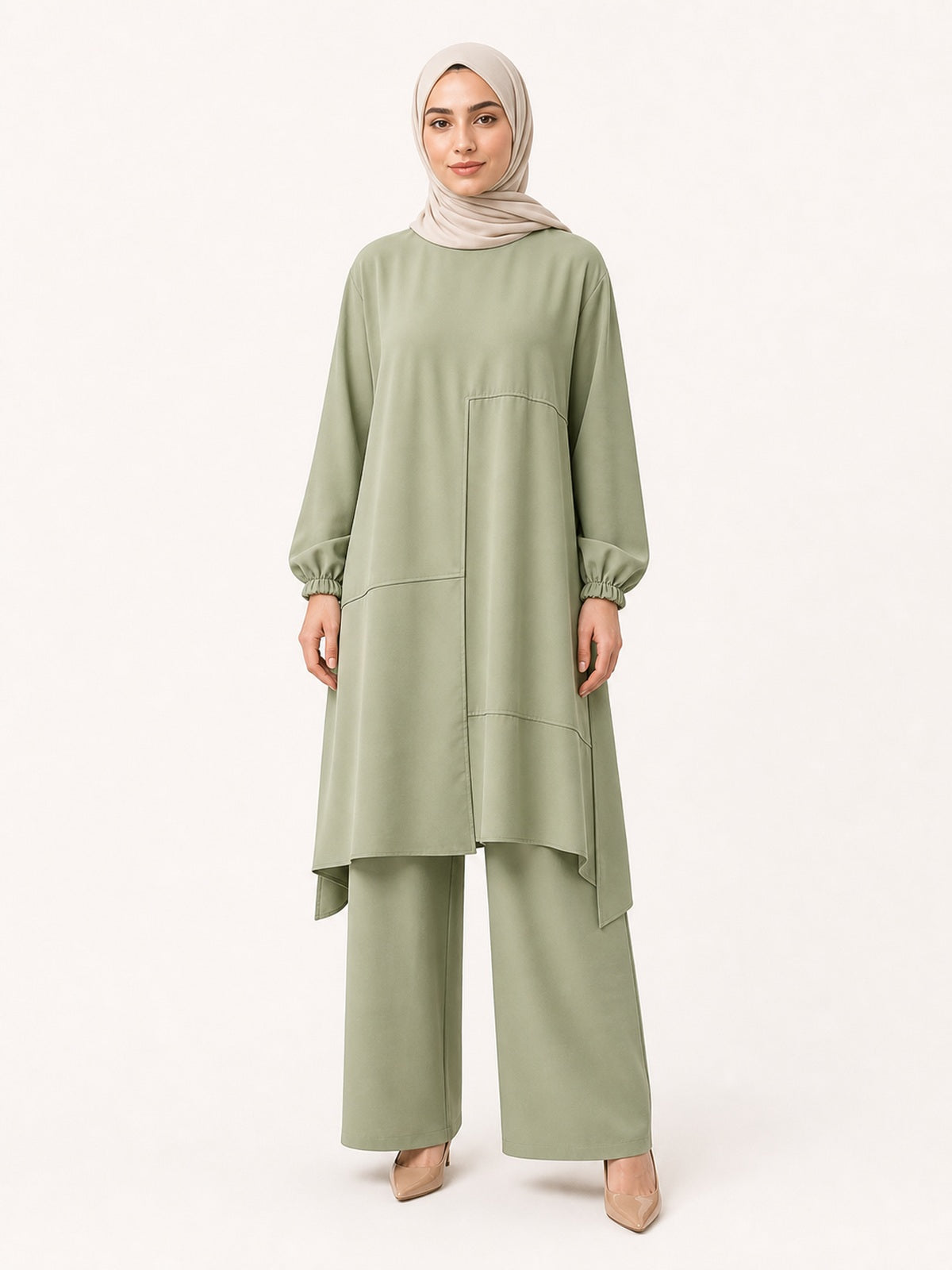ZOALIN-SKU-COLOR-AUDIT-20260711-P01-02 | Everyday Asymmetric Tunic & Pants Set | Sage Green front view