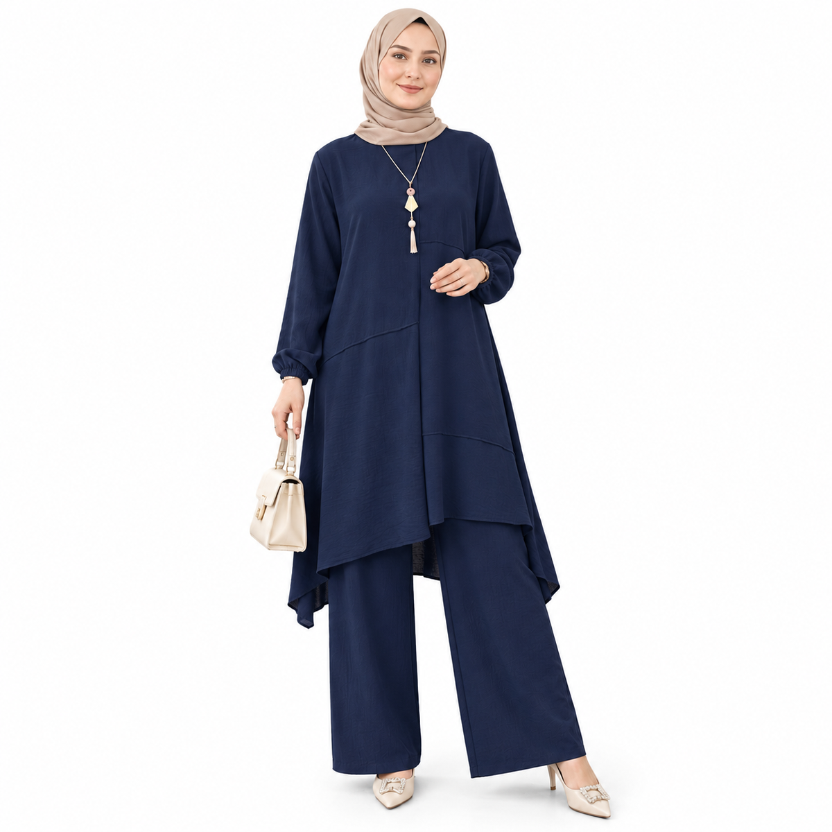 ZOALIN - Everyday Asymmetric Tunic & Pants Set - Navy Blue - front