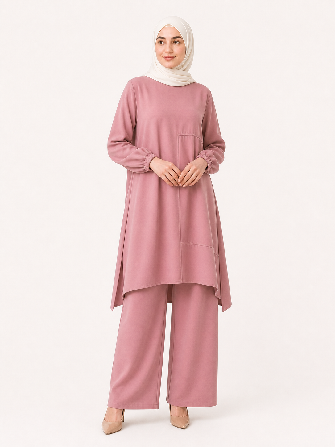 ZOALIN - Everyday Asymmetric Tunic & Pants Set - Dusty Pink - front