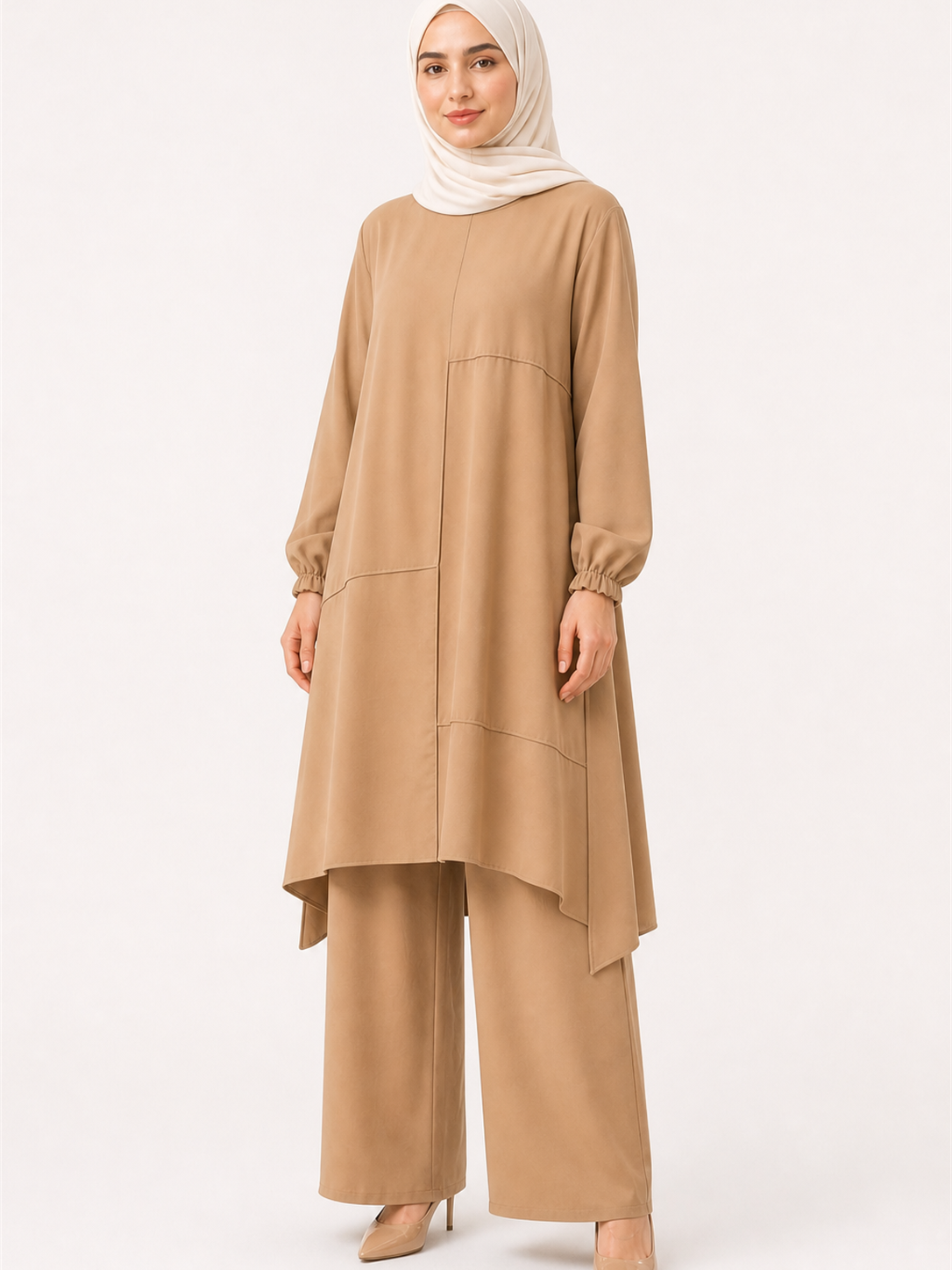 ZOALIN - Everyday Asymmetric Tunic & Pants Set - Khaki - front